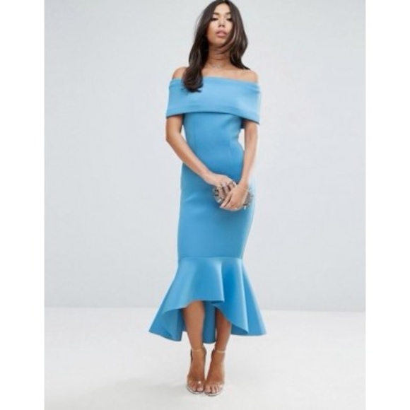 blue off the shoulder bodycon dress